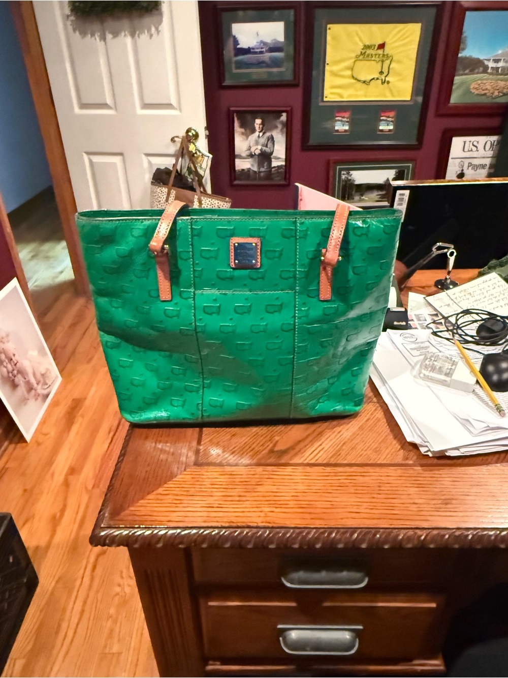 Dooney & Bourke Green Tote with Tan Straps